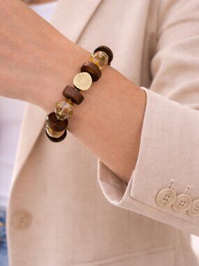 Artisan Brown Gold Beaded Stretch Bracelet Leaf Accent Boho